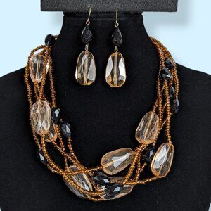 V. Premier Designs Black & Peach Beaded Demi Parure